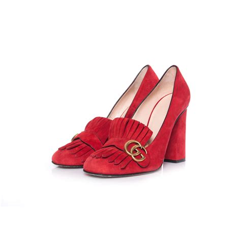 gucci marmont suede pumps red|Gucci Marmont platform pumps.